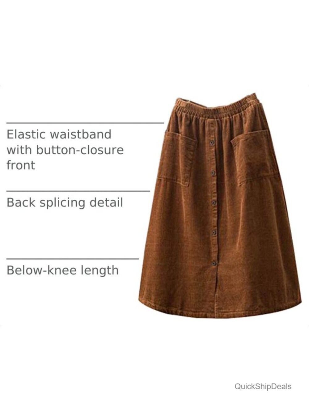 Women's Corduroy A-Line Midi Skirt Front Split Buttons Flared - Picture 3 of 6